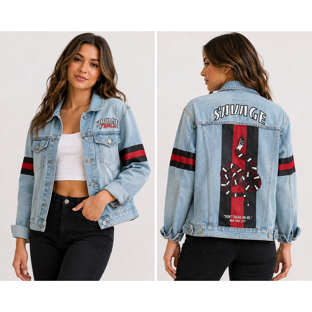 Rue 21 Savage Snake Graphic Denim Jacket Light Wash Red Black Stripe L grunge